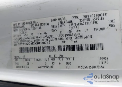 2019 Ford Transit-250 из США, поврежденный, VIN 1FTYR2CM2KKB38746